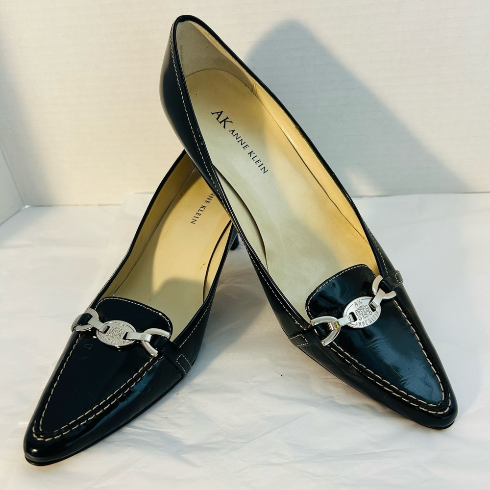 Anne Klein Black Patent Loafers with Silver Accent White Stitch Detail